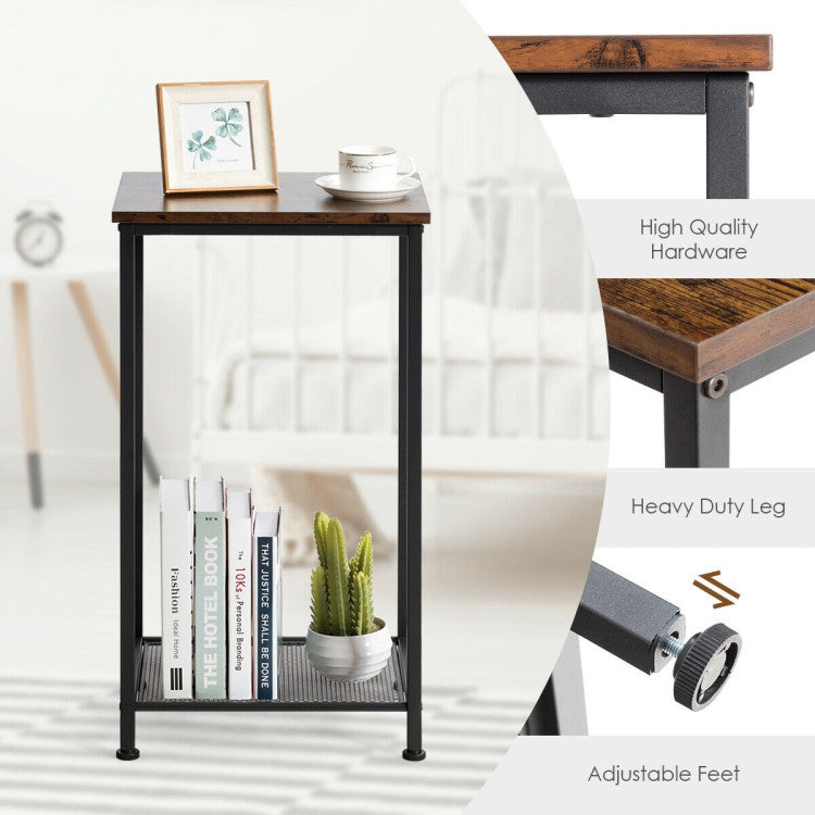 2-Tier Industrial End Table with Metal Mesh Storage Shelves