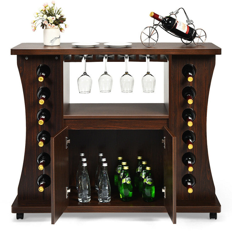 Rolling Buffet Sideboard Wooden Bar Storage Cabinet