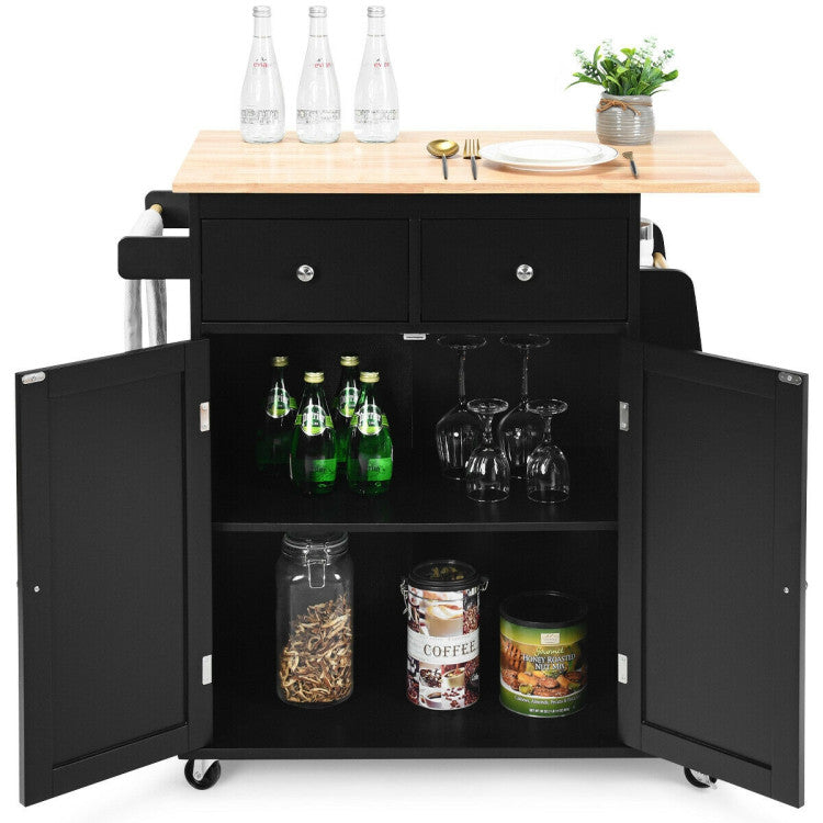 Rubber Wood Countertop Rolling Kitchen Island Cart