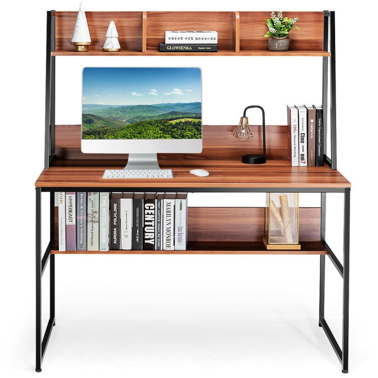 47 Inch Computer Desk with Open Storage Space and Bottom Bookshelf