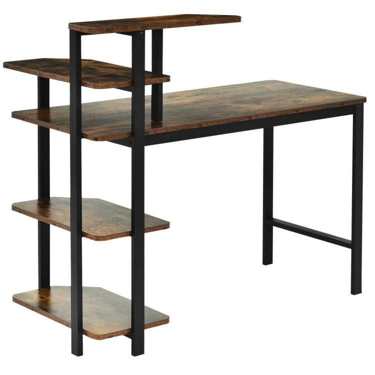 48 Inch Industrial Wooden Computer Desk with 4-Tier Storage Shelves