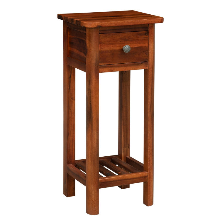 2 Tier Slim Nightstand Bedside Table with Drawer Shelf