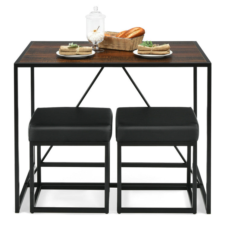 3 Pieces Dining Set Metal Frame Kitchen Table and 2 Stools