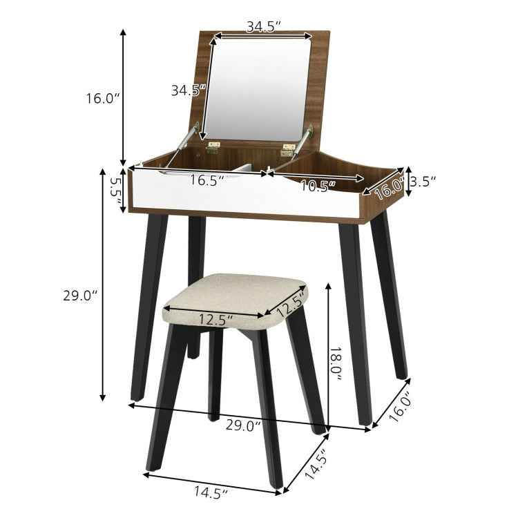 Vanity Table Set with Flip Top Mirror and Padded Stool