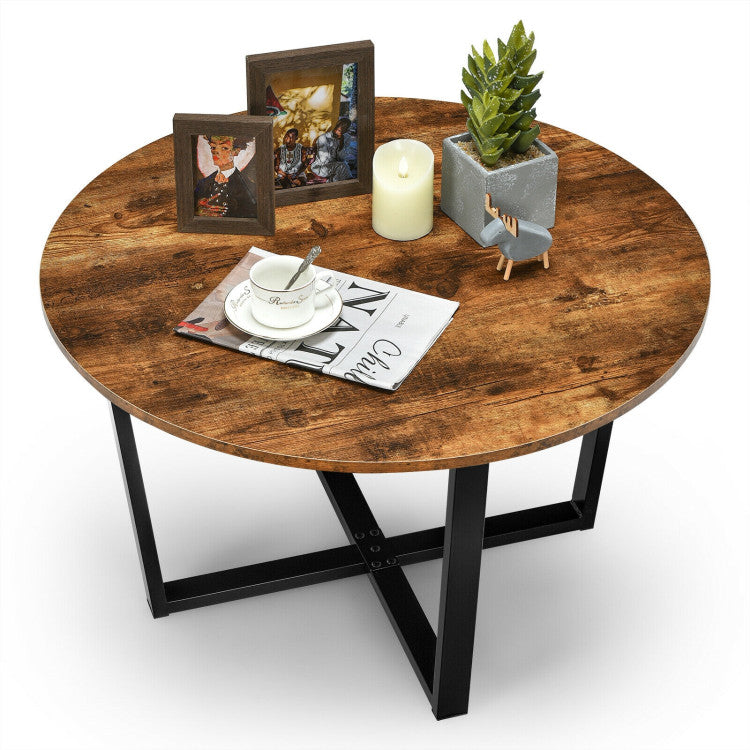 Round Industrial Style Cocktail Side Coffee Table with Metal Frame