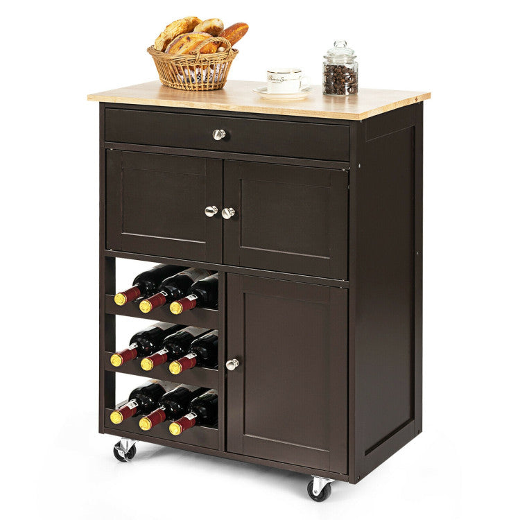 Kitchen Cart with Rubber Wood Top 3 Tier Wine Racks 2 Cabinets