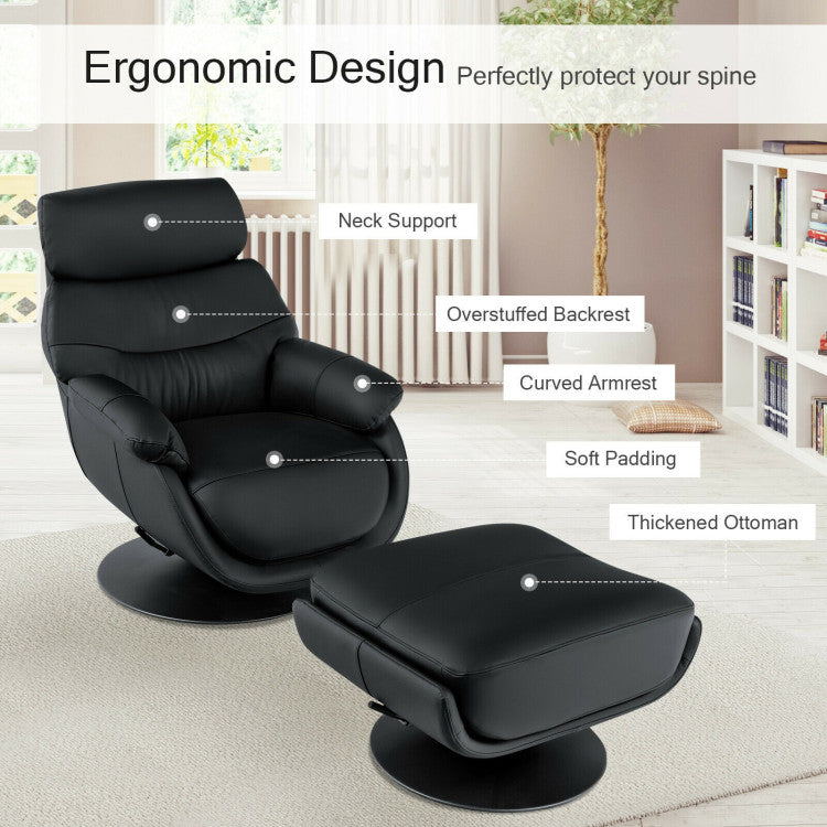 360° Swivel Leather Lounge Chair with Ottoman and Thick Footstool