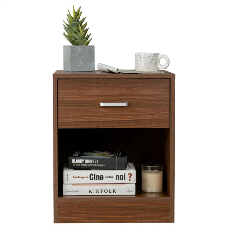 2-Tier Modern Wooden Nightstand with Storage Drawer and Open Cabinet