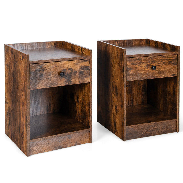 Set of 2 Nightstand with Drawer Cabinet End Side Table Raised Top