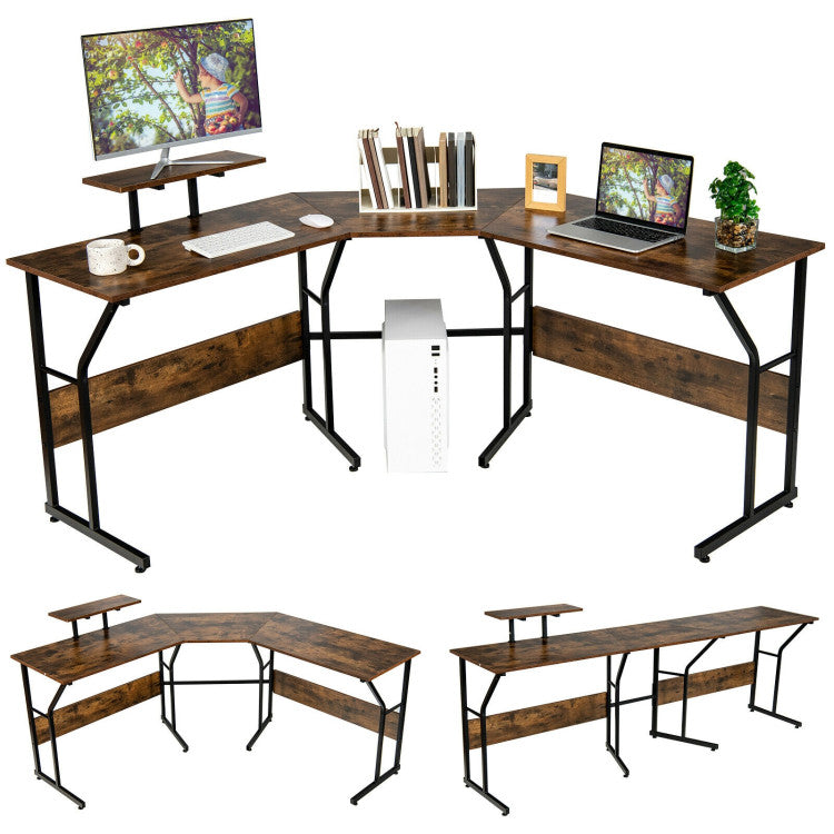 88.5 Inch L Shaped Reversible Computer Desk Table with Monitor Stand