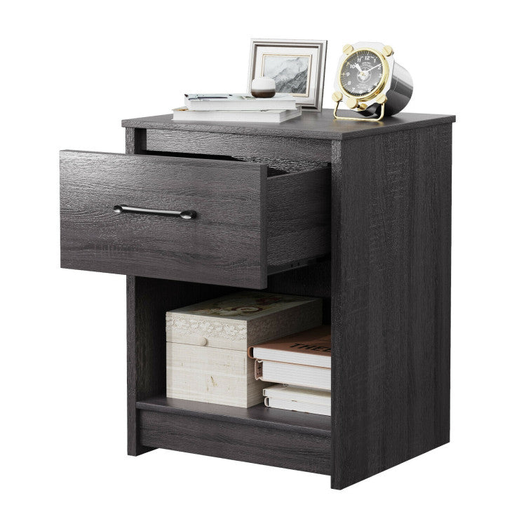 Wooden Nightstand with Drawer and Open Storage Compartment