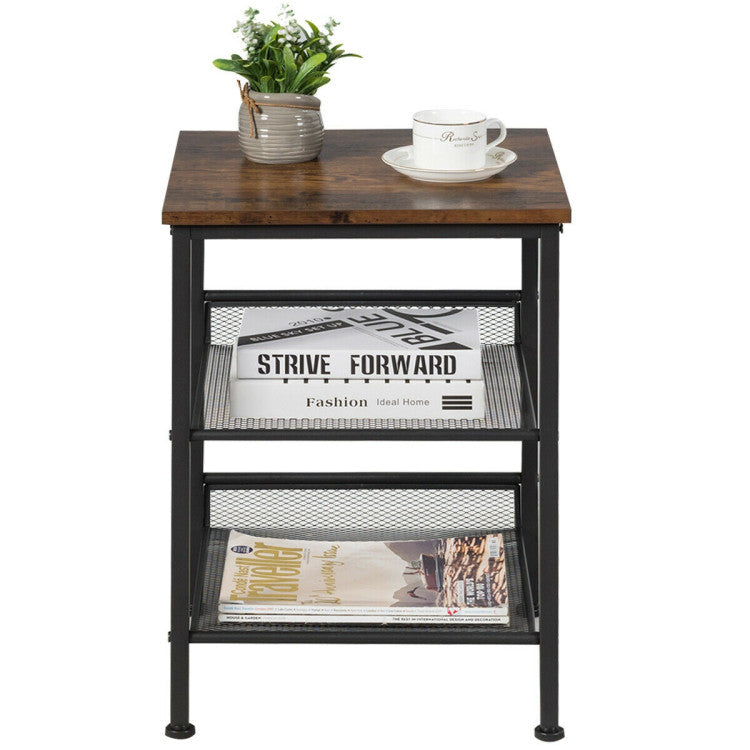 3-Tier Industrial End Table with Mesh Shelves and Adjustable Shelves