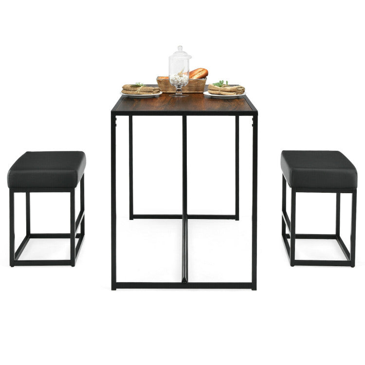 3 Pieces Dining Set Metal Frame Kitchen Table and 2 Stools