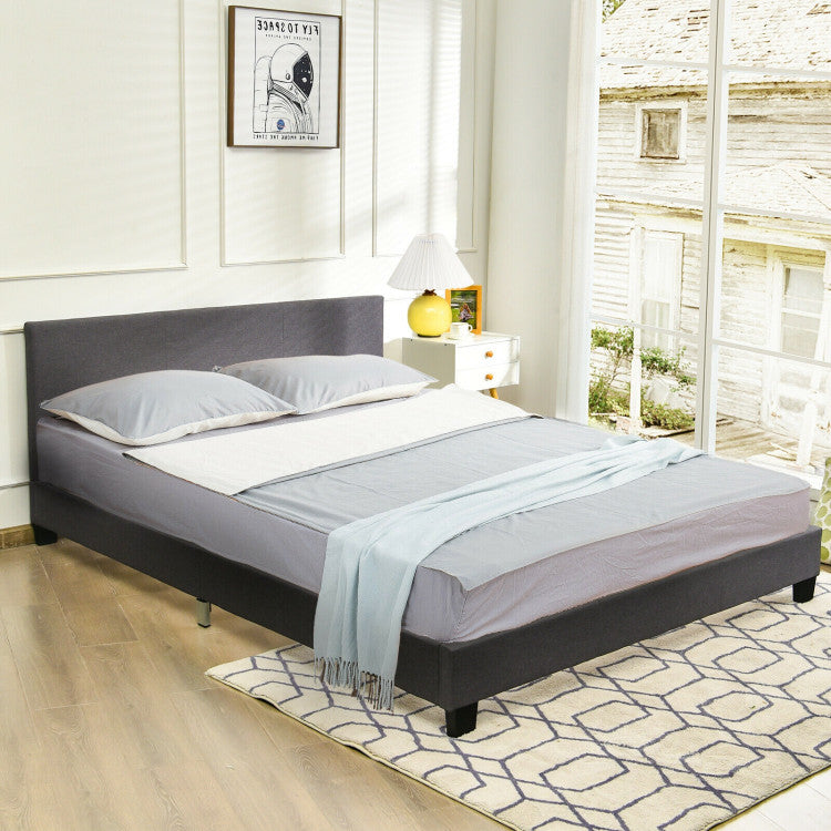 Queen Upholstered Platform Bed Frame with Linen Headboard Wood Slat