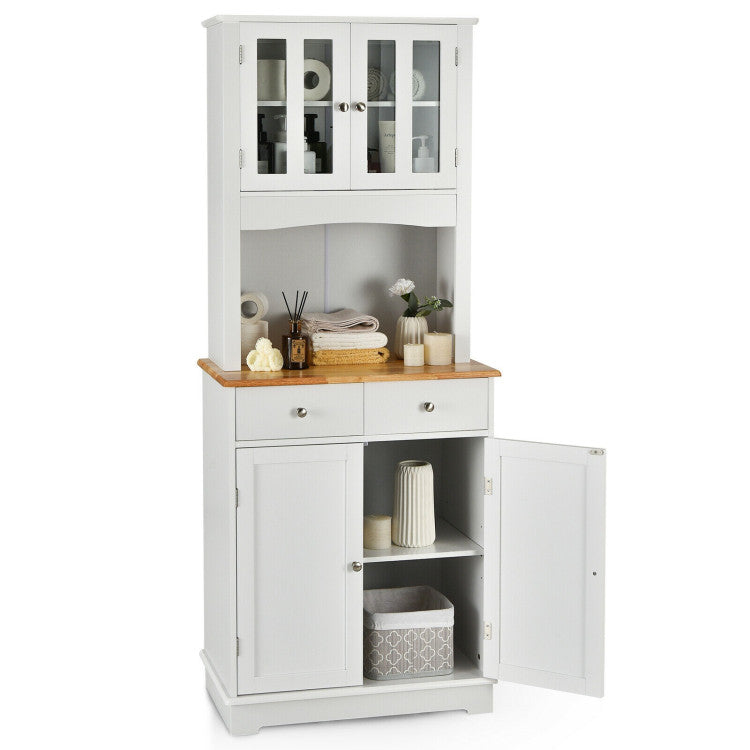 Kitchen Pantry Cabinet with Wood Top and Hutch