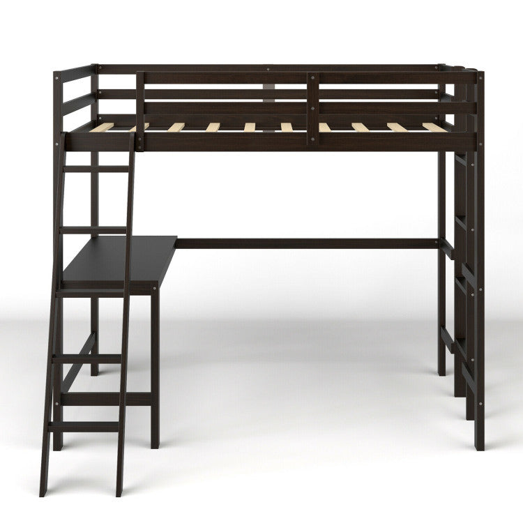 Twin Size Loft Bed Frame with Desk Angled and Built-In Ladder