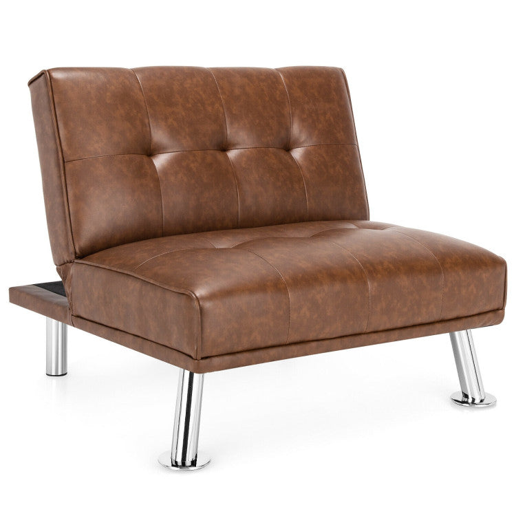 Folding PU Leather Single Sofa with Metal Legs and Adjustable Backrest