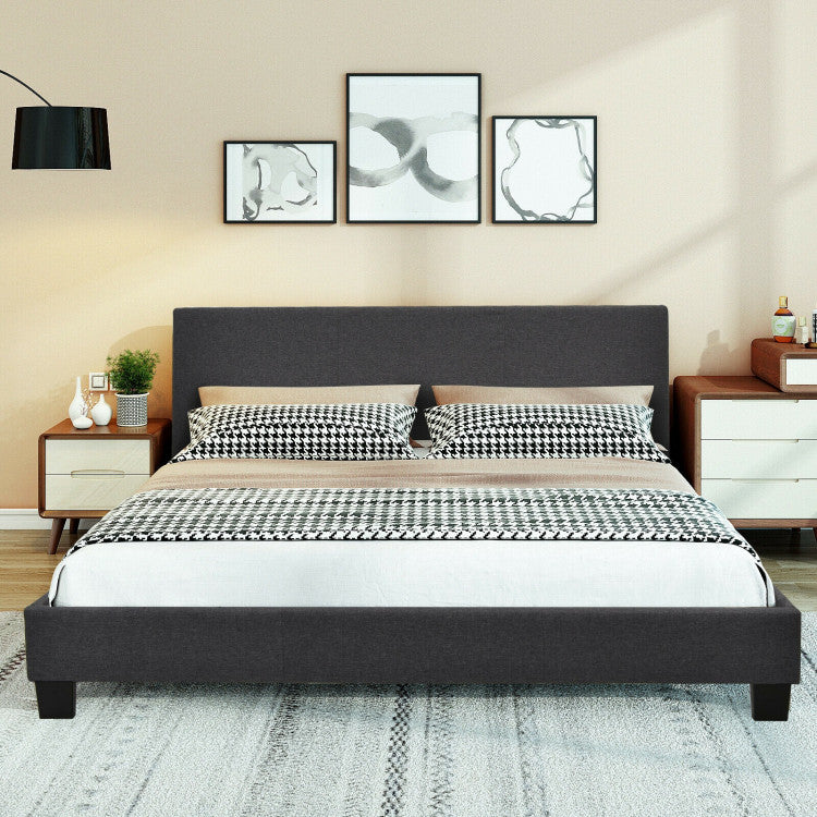 Queen Upholstered Platform Bed Frame with Linen Headboard Wood Slat