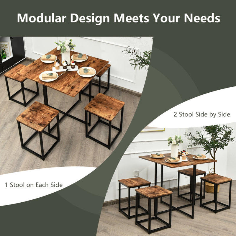 5 Pieces Metal Frame Dining Set with Compact Dining Table and 4 Stools