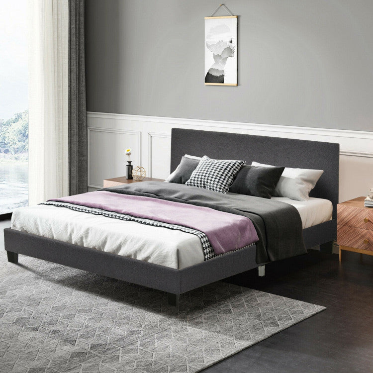 Queen Upholstered Platform Bed Frame with Linen Headboard Wood Slat