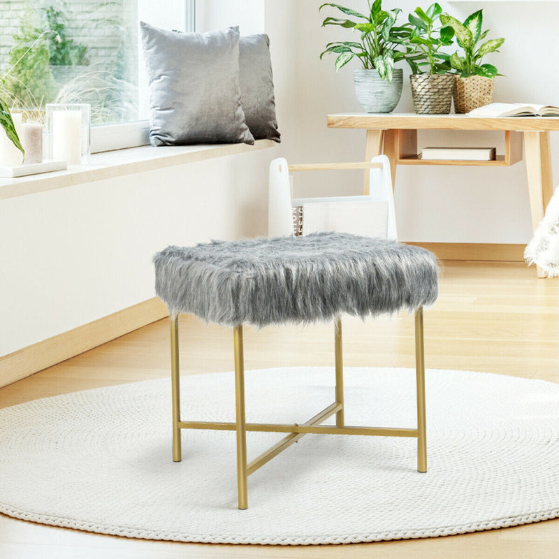 Luxurious Faux Fur Covered Footrest Stool with Gold Metal Base