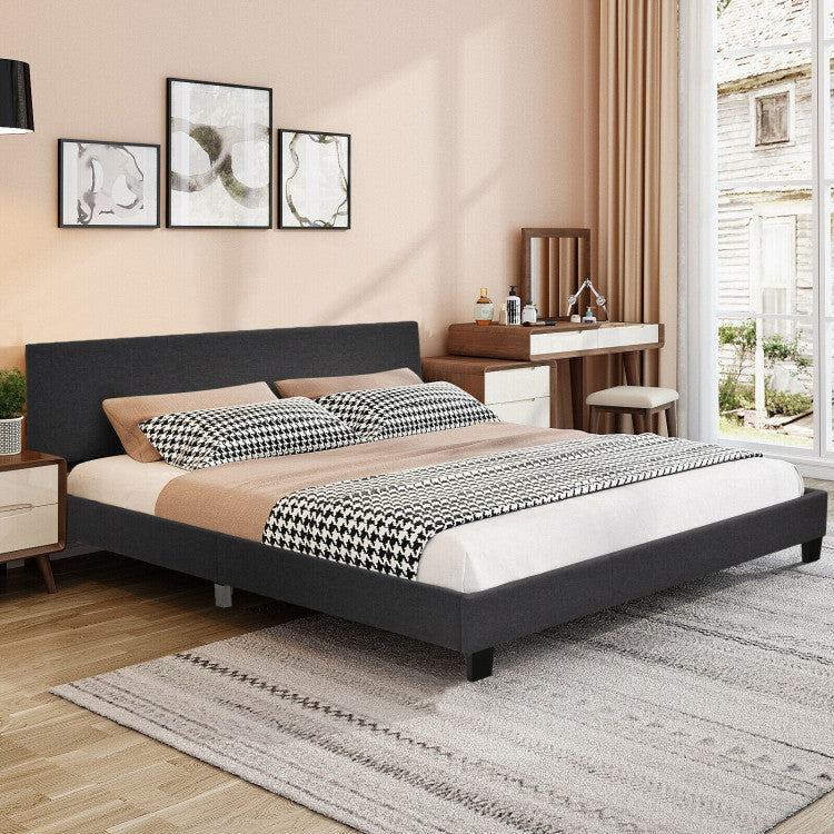 Queen Upholstered Platform Bed Frame with Linen Headboard Wood Slat