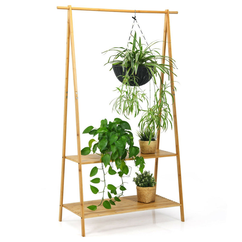 Bamboo Clothes Hanging Rack with 2-Tier Storage Shelf for Entryway Bedroom