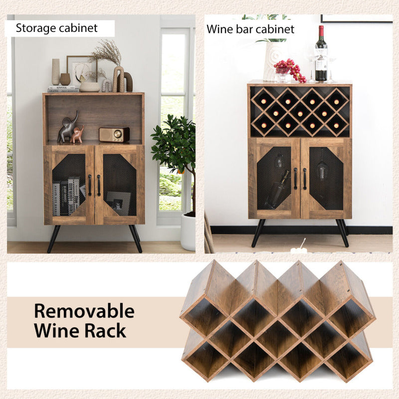 2-Door Farmhouse Kitchen Storage Bar Cabinet with Wine Rack and Glass Holder