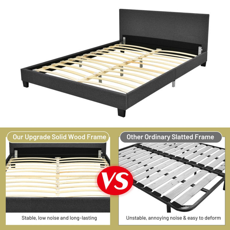 Queen Upholstered Platform Bed Frame with Linen Headboard Wood Slat