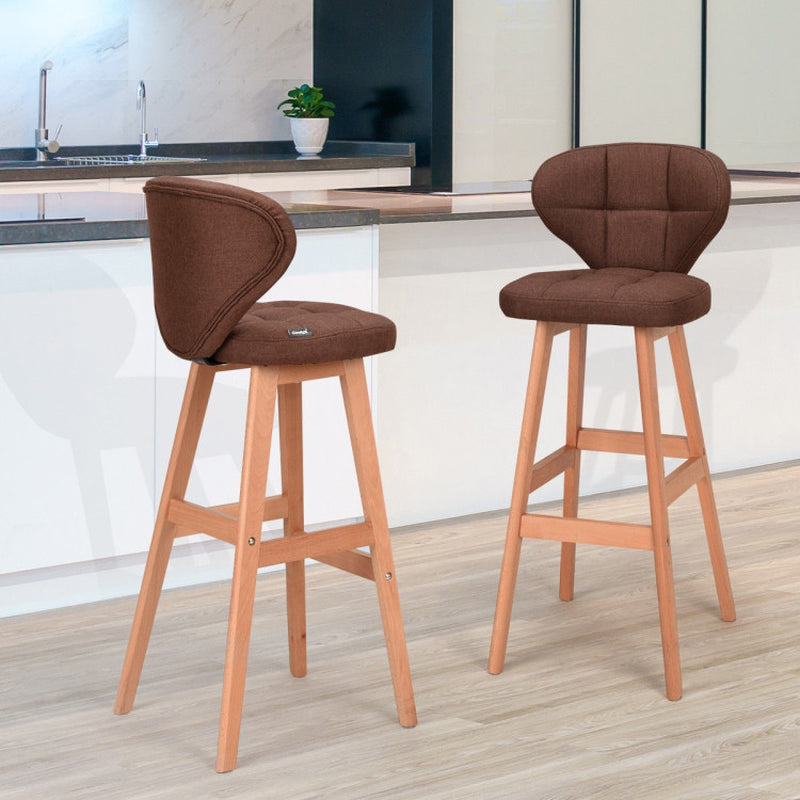 Set of 2 Brown Bar Stools Pub Chair Fabric