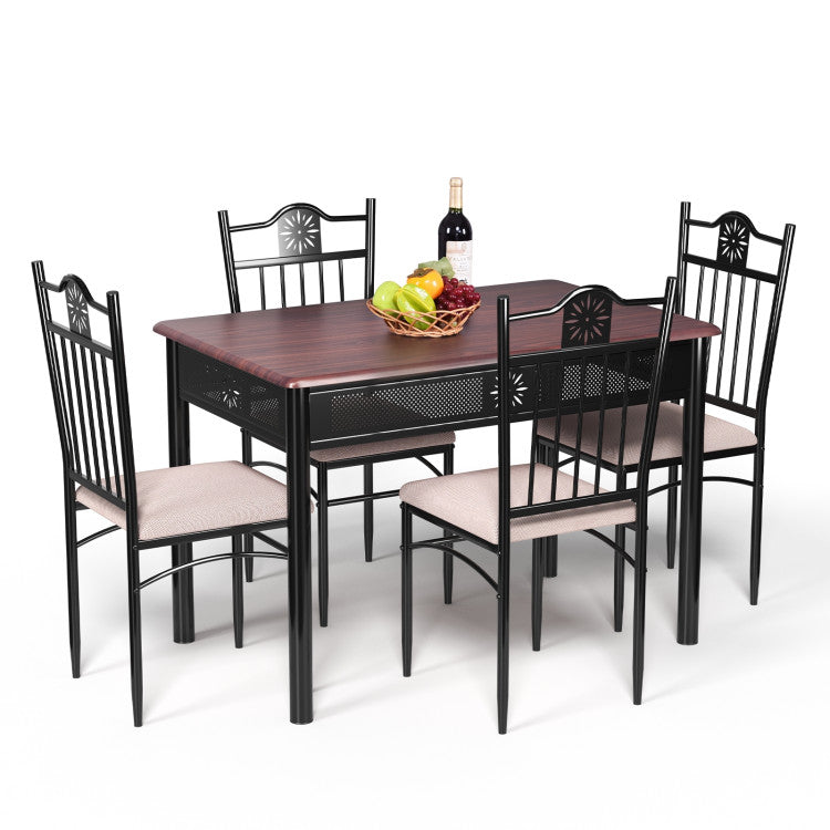 5 Pieces Dining Set Wood Metal Table and 4 Chairs with Cushions