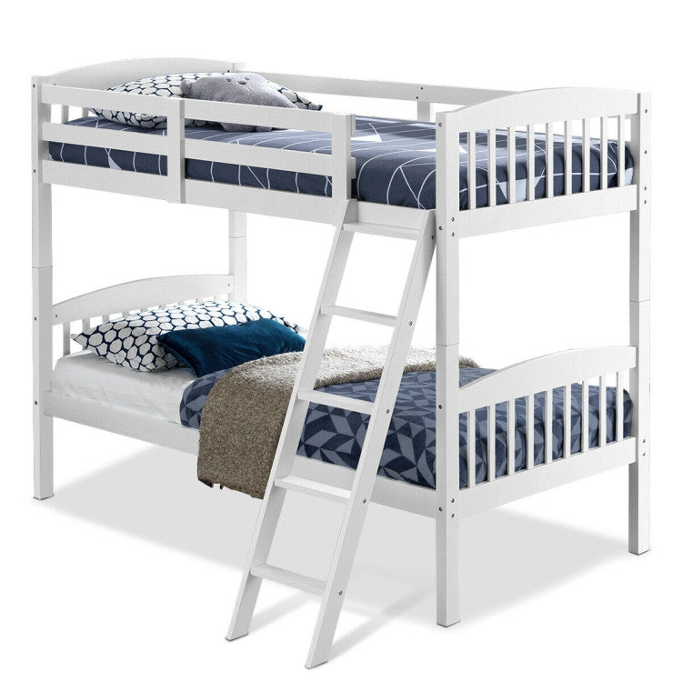 Hardwood Twin Bunk Beds with Inclined Ladder and Safety Guardrails