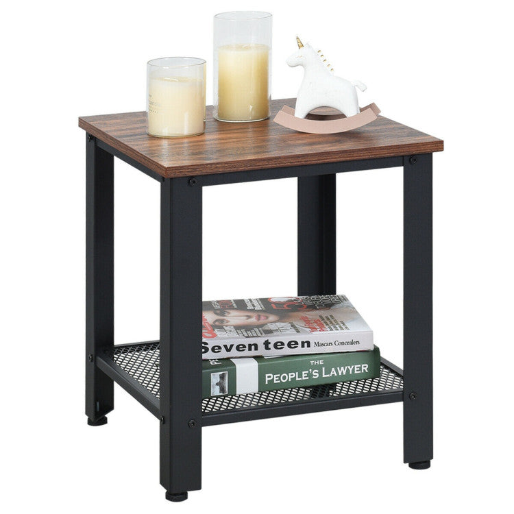 2-Tier Industrial End Table with Storage Shelf for Small Space