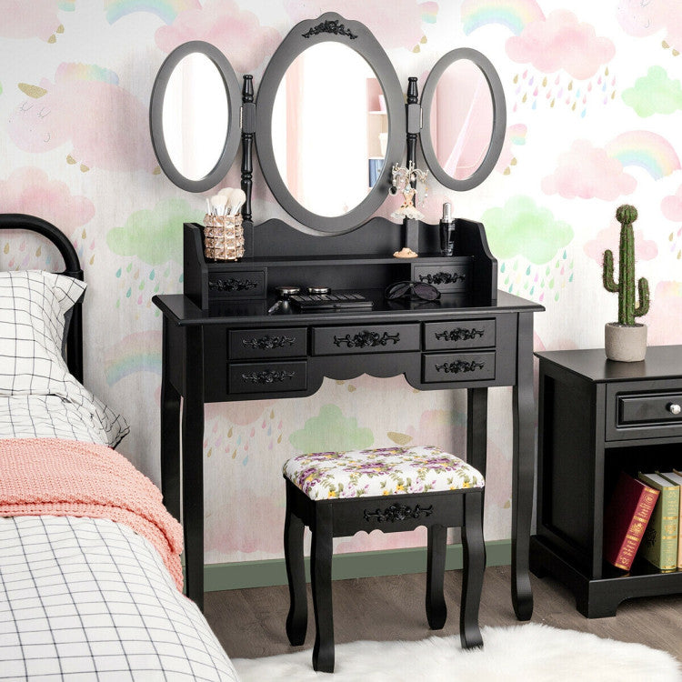 Vanity Set with Tri-Folding Mirror and Cushioned Stool