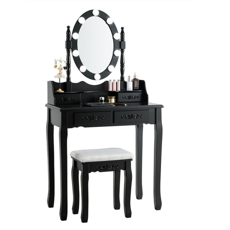 Makeup Dressing Table with Touch Switch Lighted Mirror and Cushioned Stool