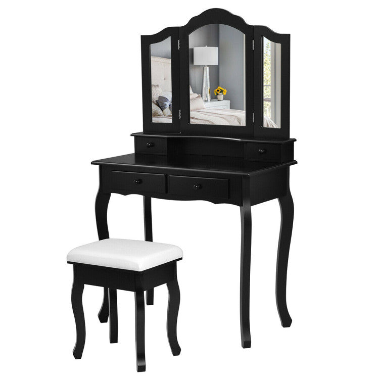 4 Drawers Wood Mirrored Vanity Dressing Table with Stool