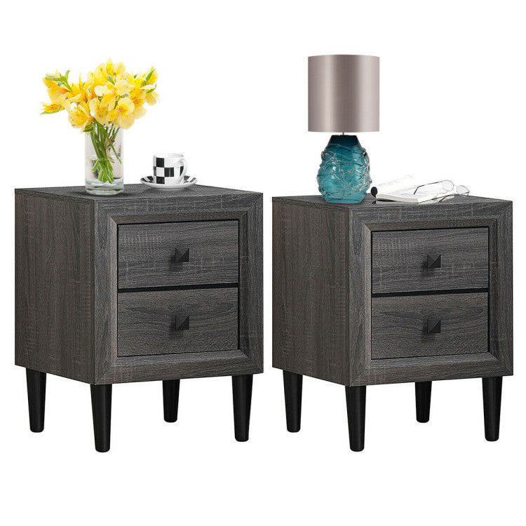 2 Pieces Multipurpose Retro Nightstand Set with 2 Drawers