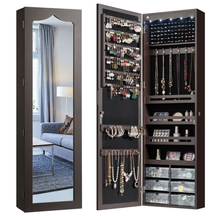 Door Hanging Mirror Jewelry Armoire with Full Length Mirror and 6 Drawers