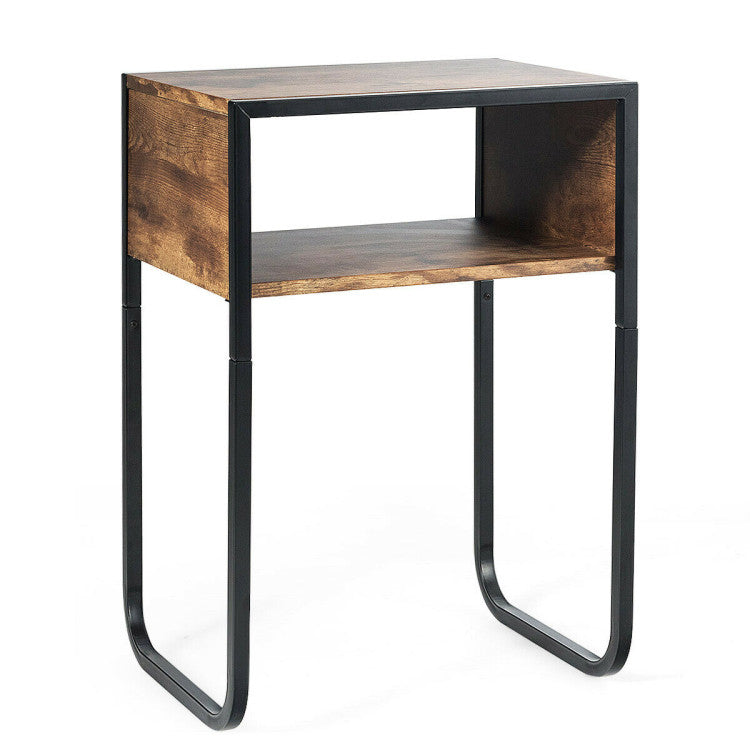 Industrial Side Table with Anti-Rust Steel Frame and Open Storage