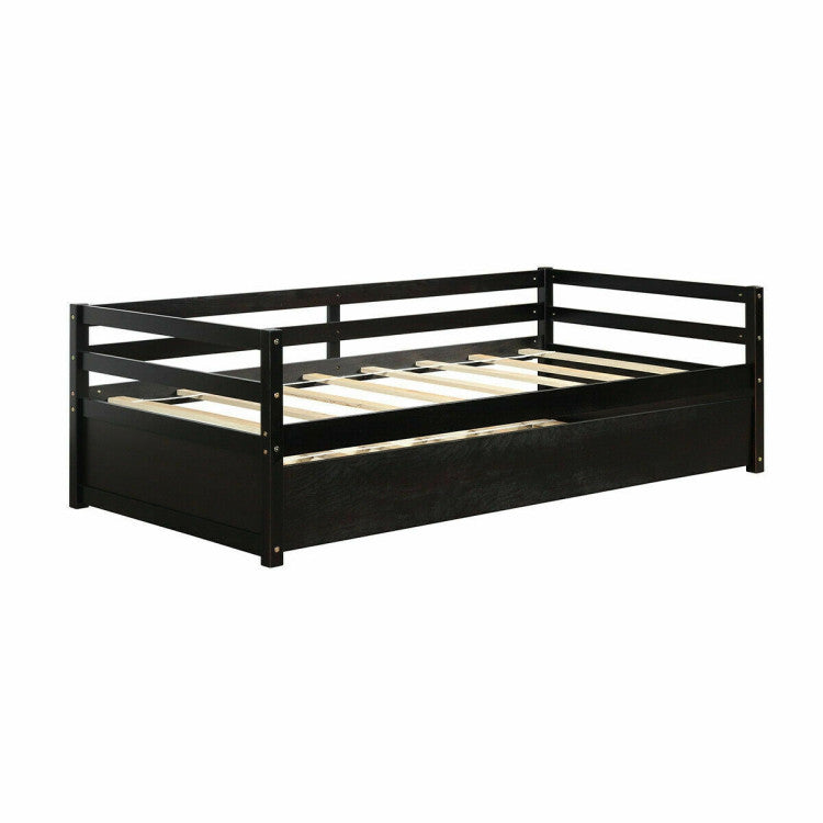 Twin Size Trundle Platform Bed Frame with Wooden Slat Support