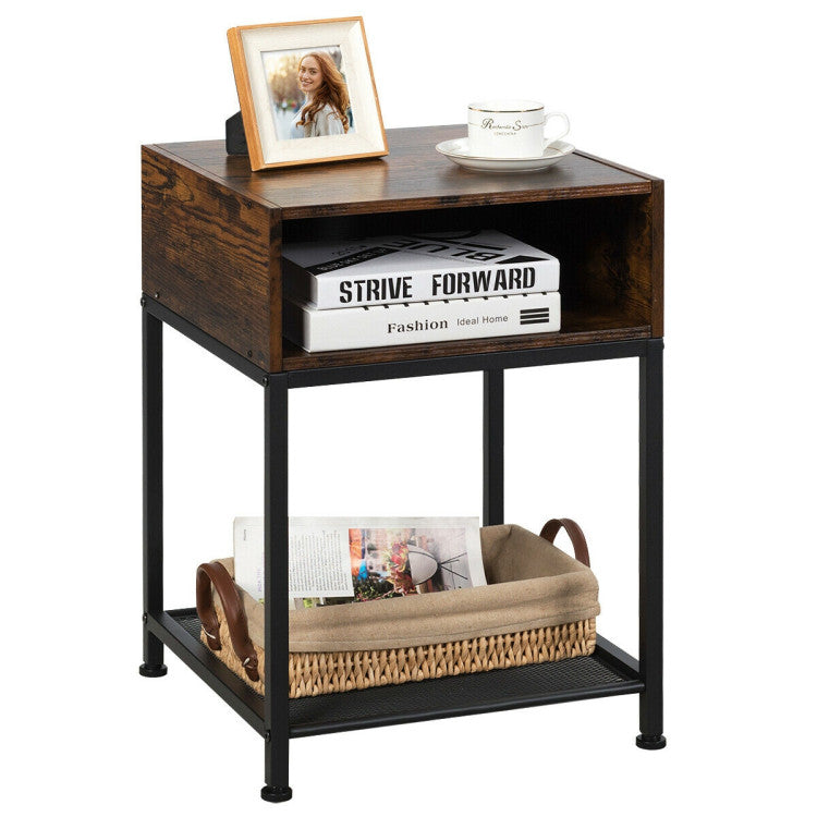 Industrial Nightstand End Side Table with Mesh Shelf