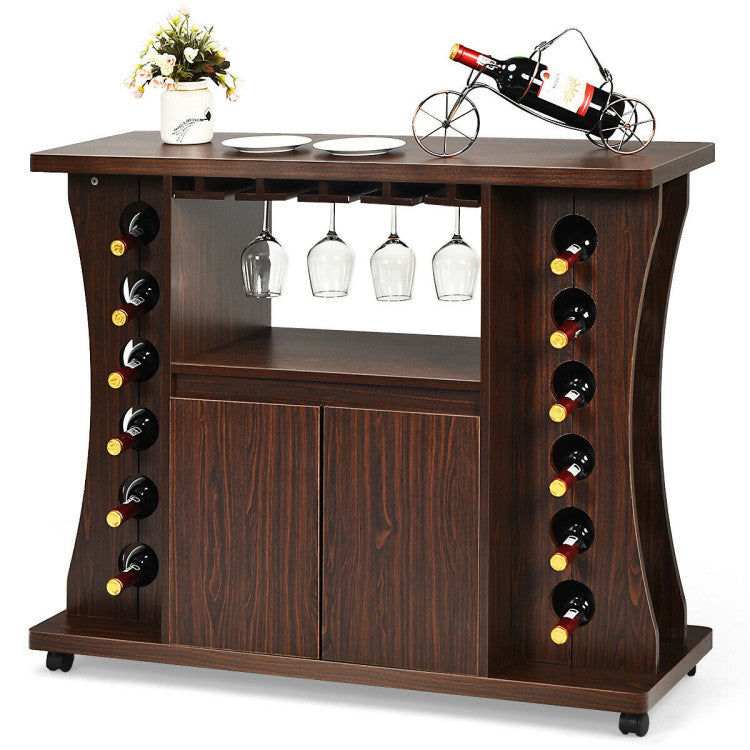 Rolling Buffet Sideboard Wooden Bar Storage Cabinet