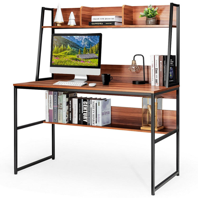 47 Inch Computer Desk with Open Storage Space and Bottom Bookshelf