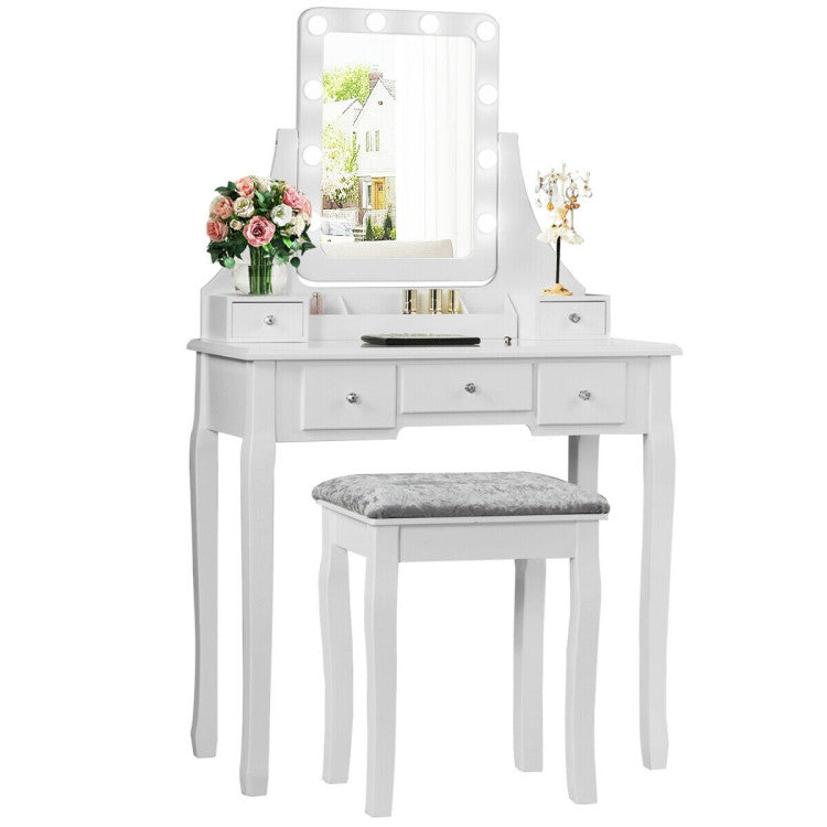 Vanity Dressing Table Set with 10 Dimmable Bulbs and Cushioned Stool