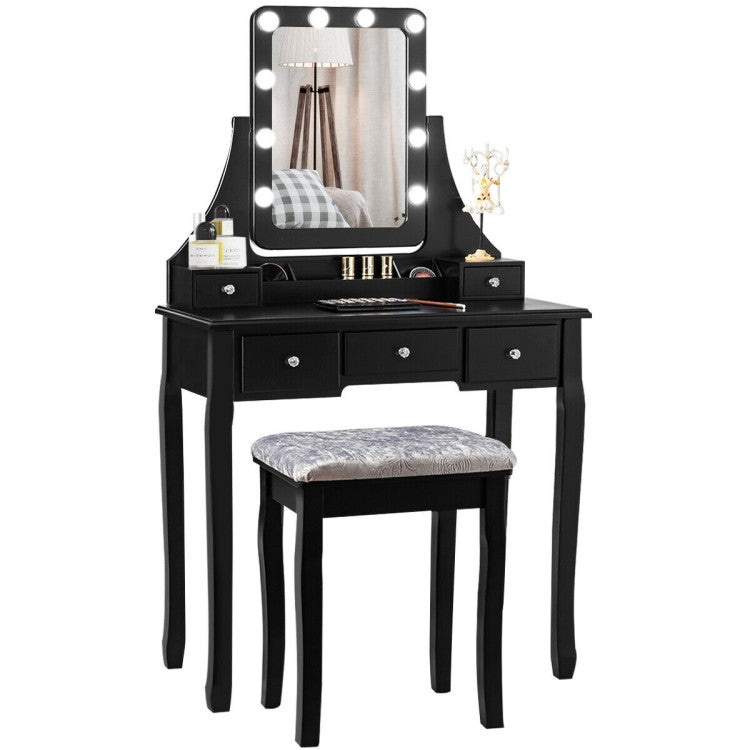 Vanity Dressing Table Set with 10 Dimmable Bulbs and Cushioned Stool