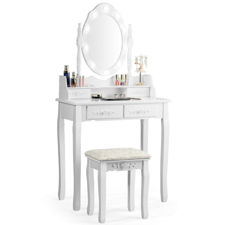 Makeup Vanity Dressing Table Set with Dimmable Bulbs Cushioned Stool