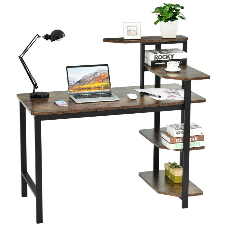 48 Inch Industrial Wooden Computer Desk with 4-Tier Storage Shelves