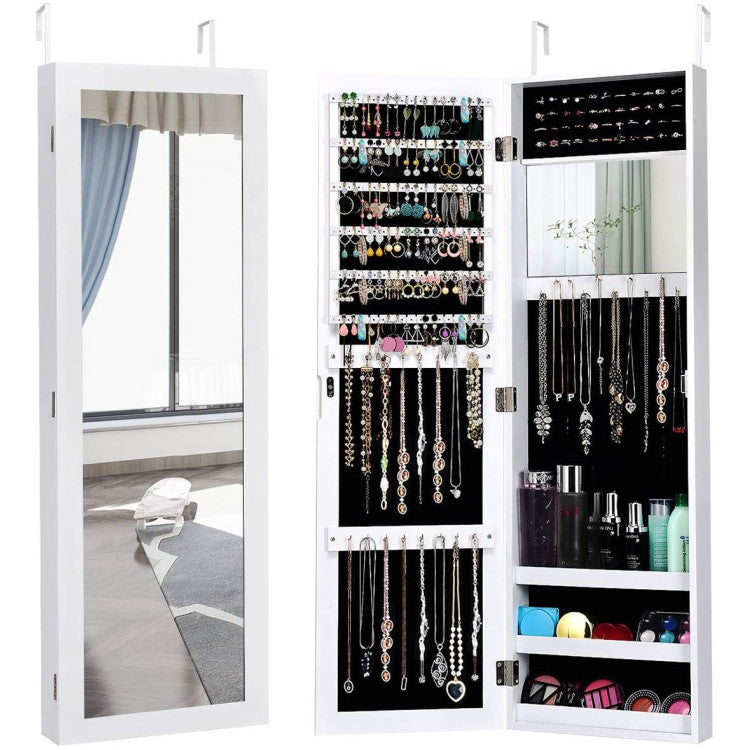 Full Length Mirror Jewelry Cabinet with Ring Slots and Necklace Hooks