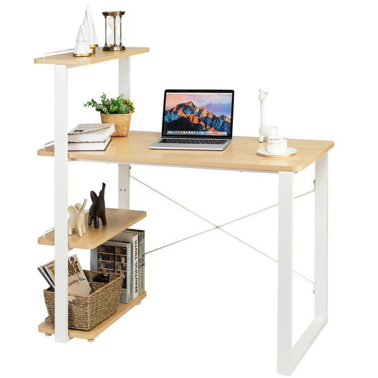 Reversible Computer Desk with 4 Tier Bookshelves and Spacious Desktop