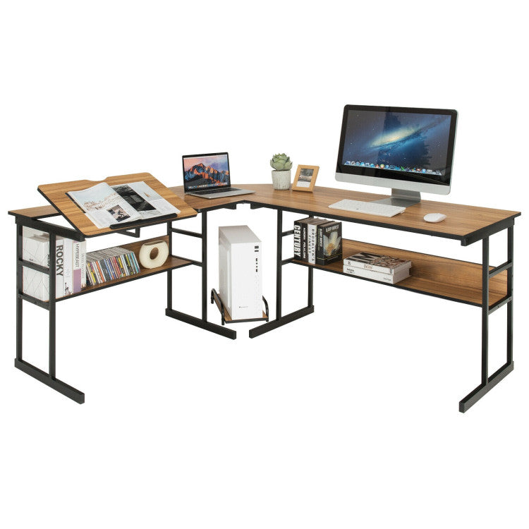 L-Shaped Computer Desk with Tiltable Tabletop